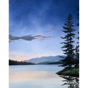Original Oil Painting Landscape Twilight Lake with Pine Trees Night 8x10 Signed
